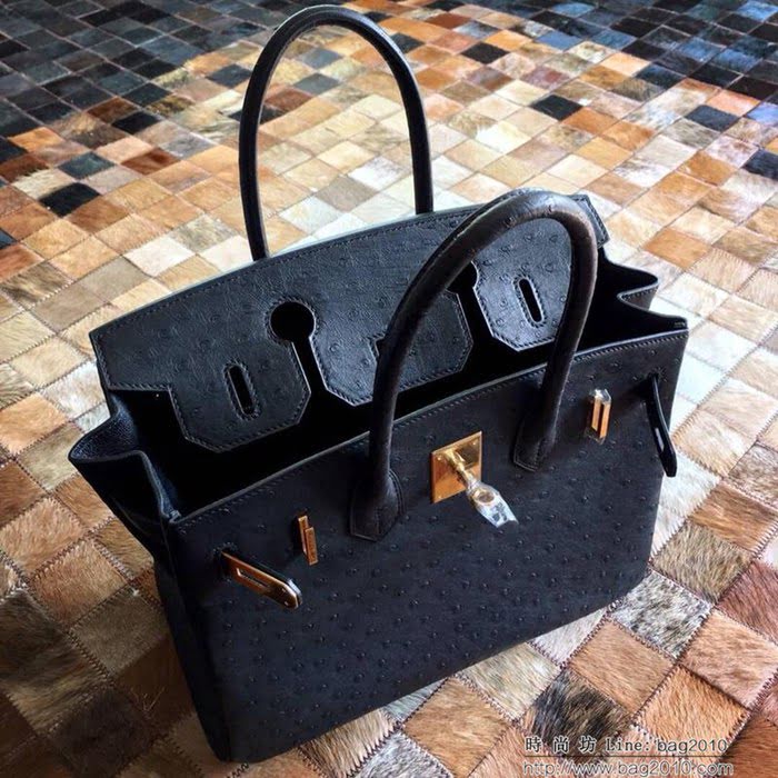 HERMES愛馬仕 鉑金包 Birkin 30 南非原產KK級鴕鳥皮 頂級工藝 黑色 手縫蠟線 手提包  Ama1238